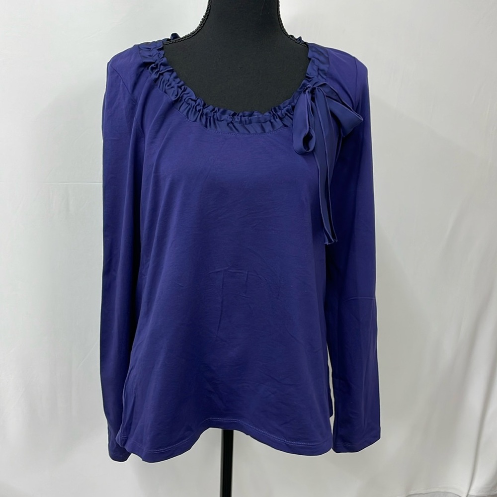 Loft navy blue tee with adjustable ribbon at neck, size Large, NWT